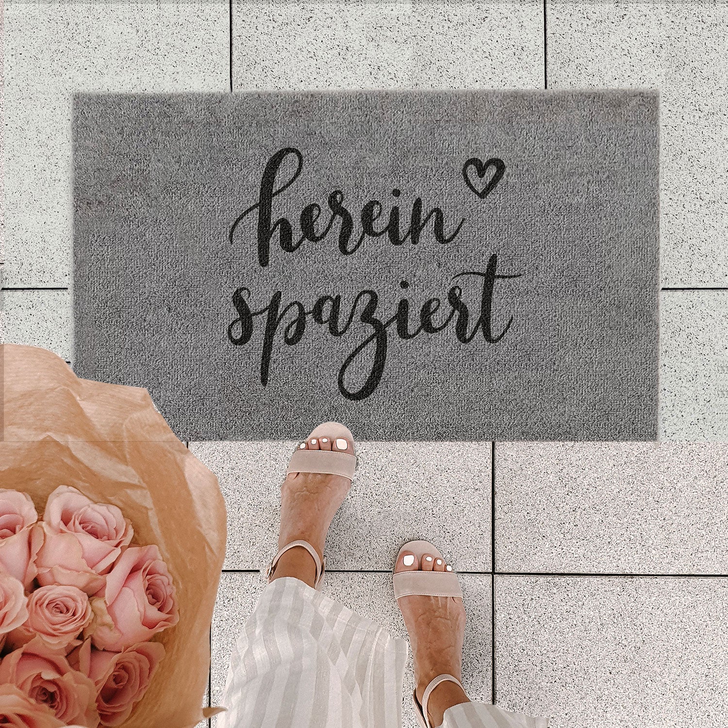 Fussmatte mit Spruch "hereinspaziert" grau 75x45cm – waschbar - Eulenschnitt