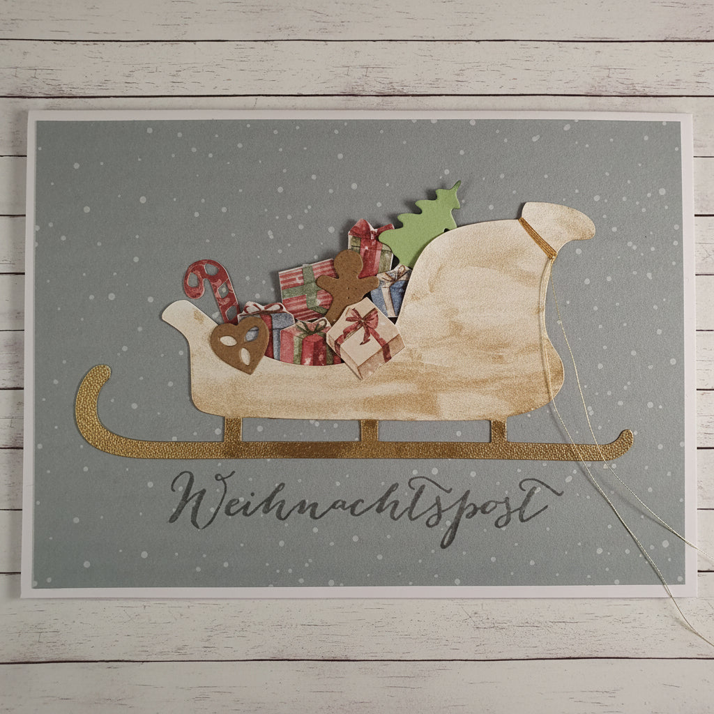Grusskarte Schlitten "Weihnachtspost" – handgemacht