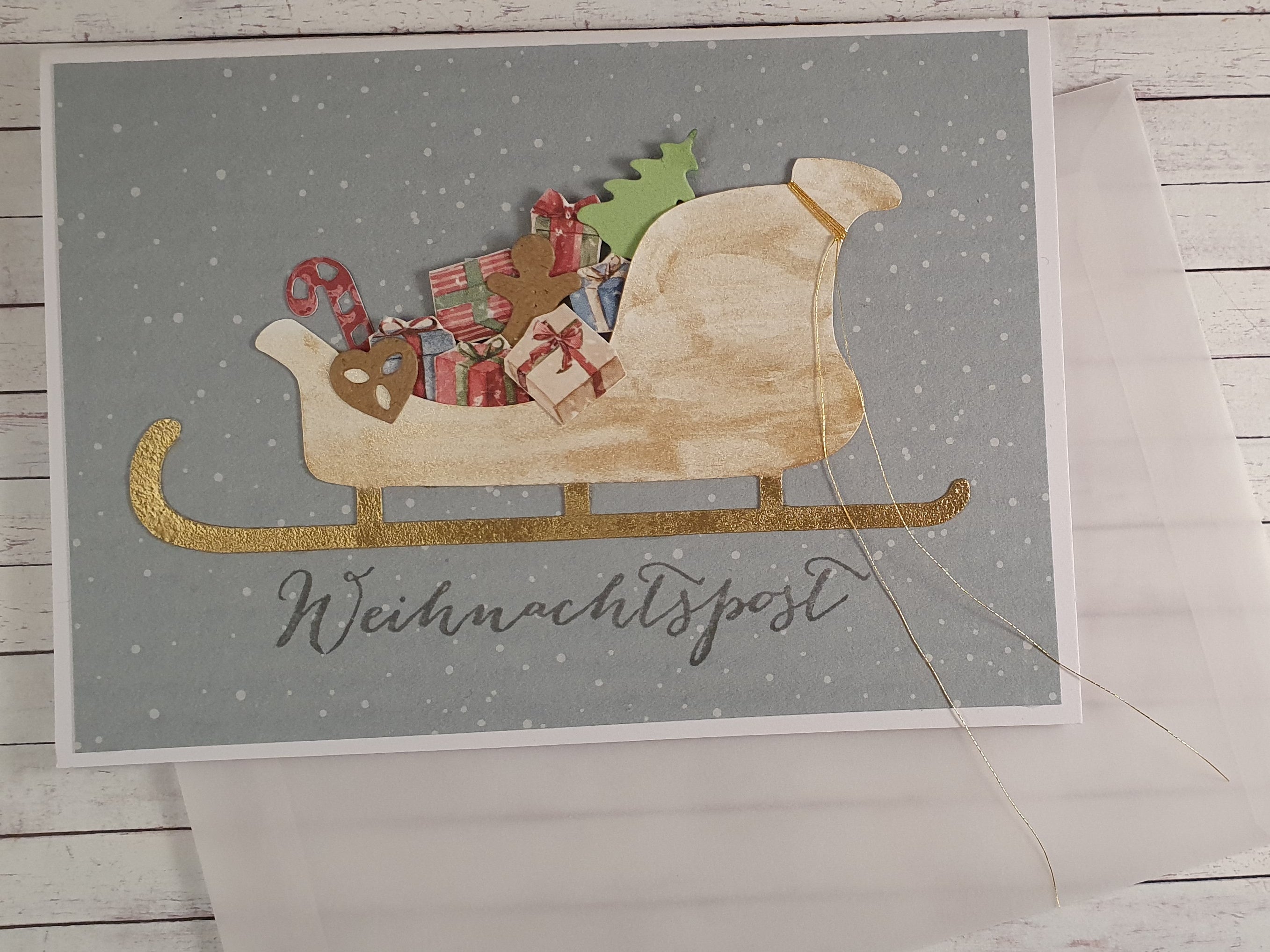 Grusskarte Schlitten "Weihnachtspost" – handgemacht