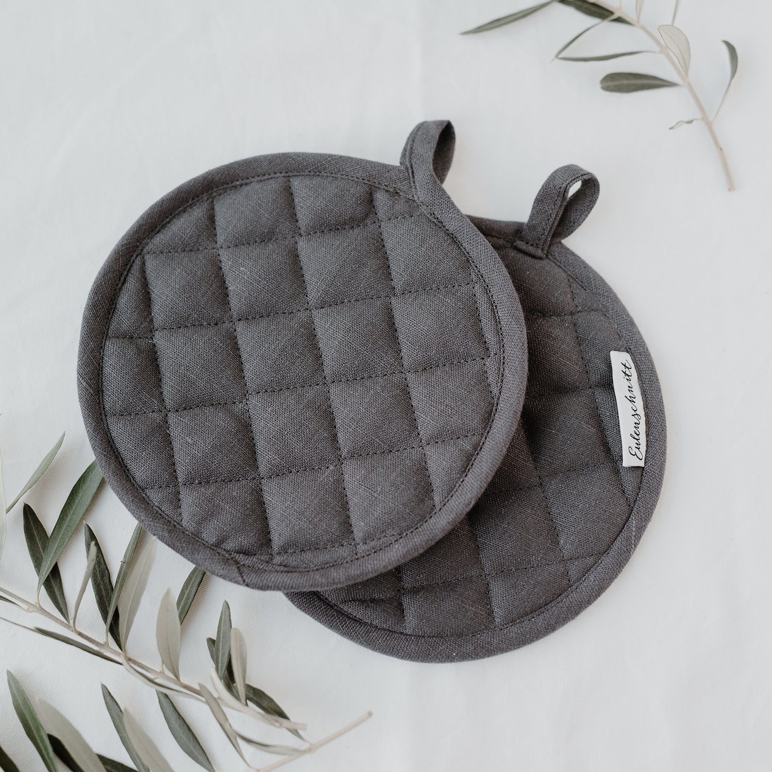 Leinen Topflappen Anthrazit 2er Set - Eulenschnitt