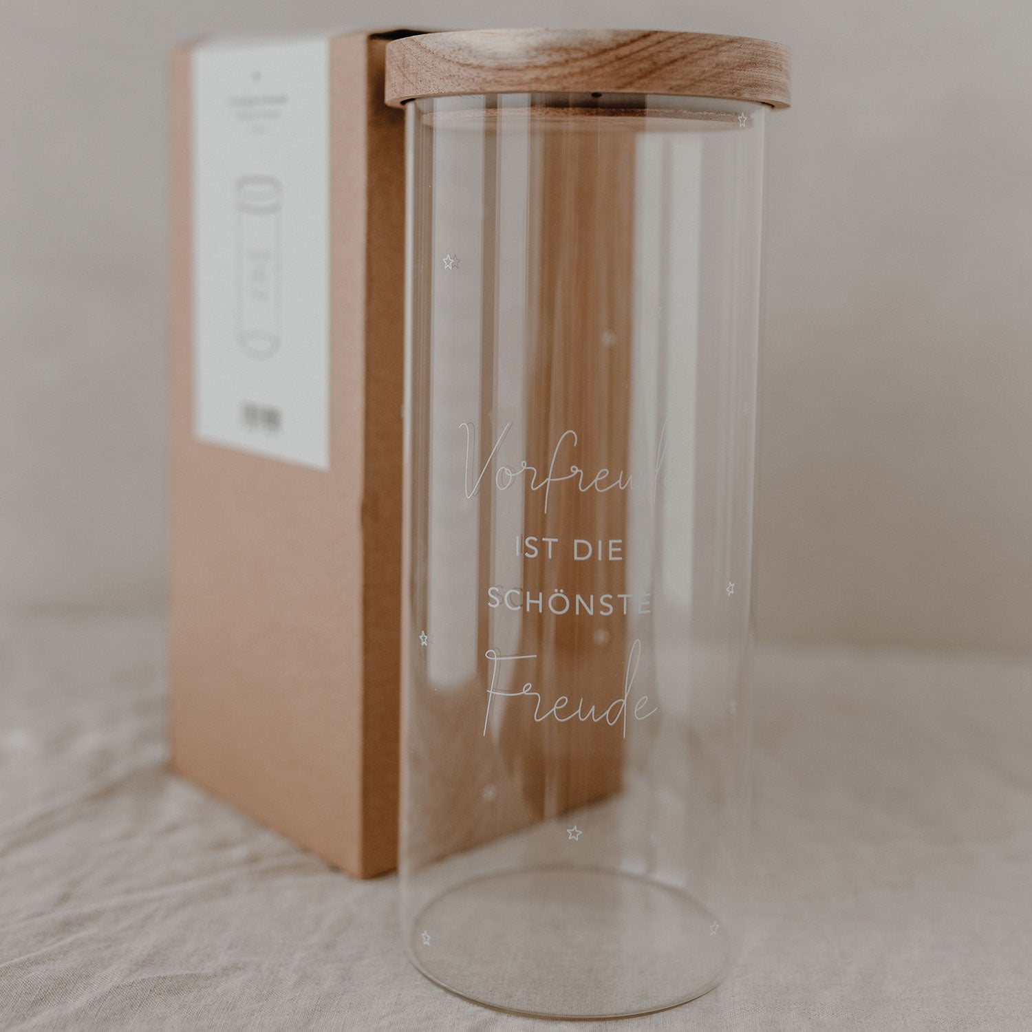 Storage jar "Vorfreude ist die schönste Freude" white 25cm - Eulenschnitt