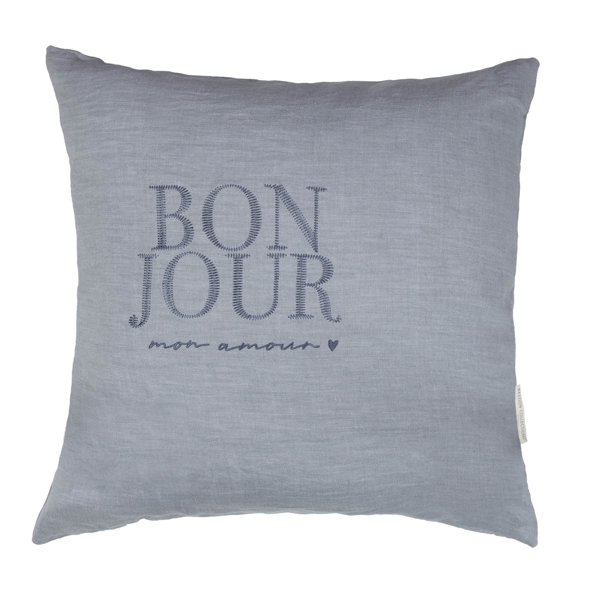 Leinenkissenhülle "Bonjour" blue 60x60cm - Bastion Collections