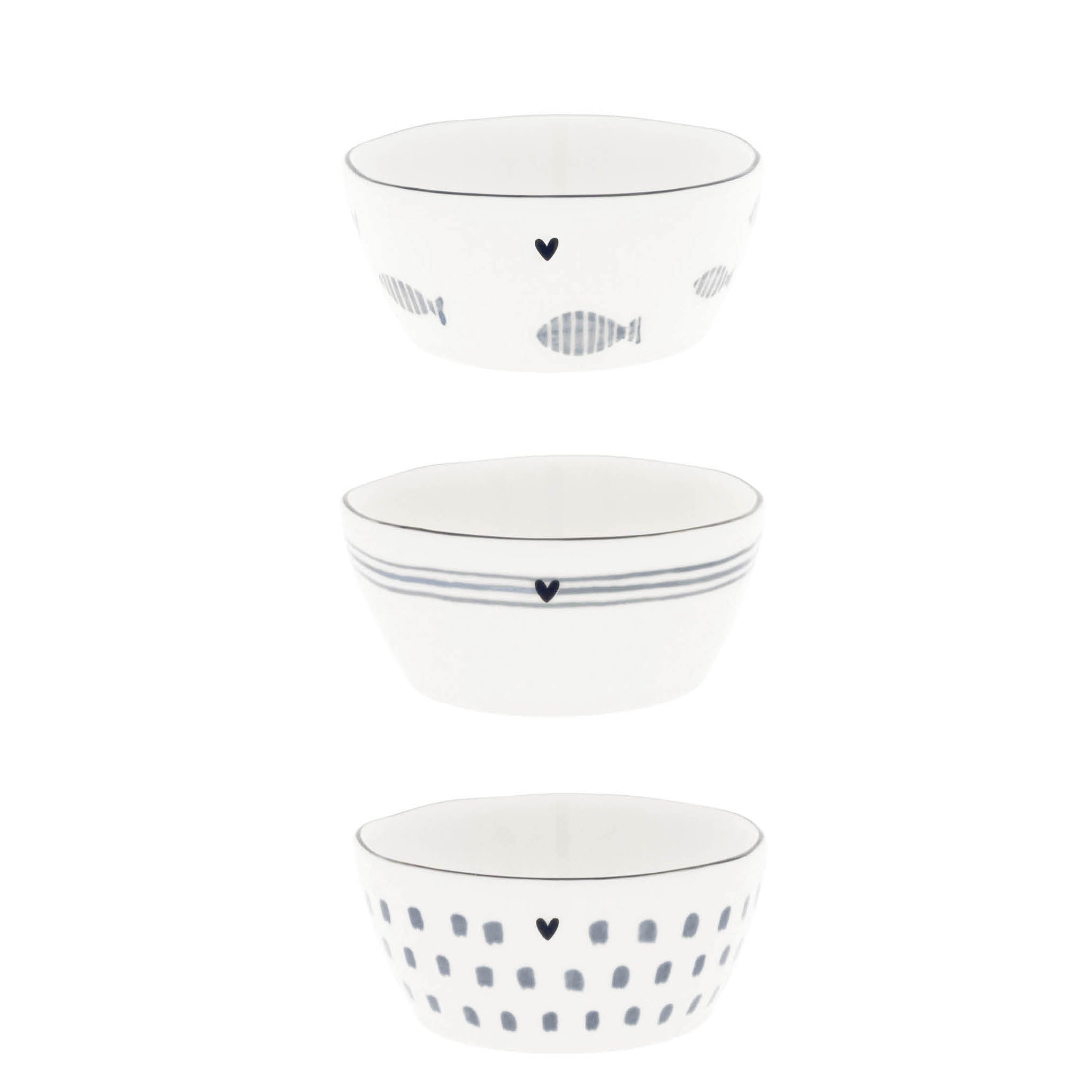 Mini Schalen "heart & stripes" 9.5x4cm blau 3er Set - Bastion Collections