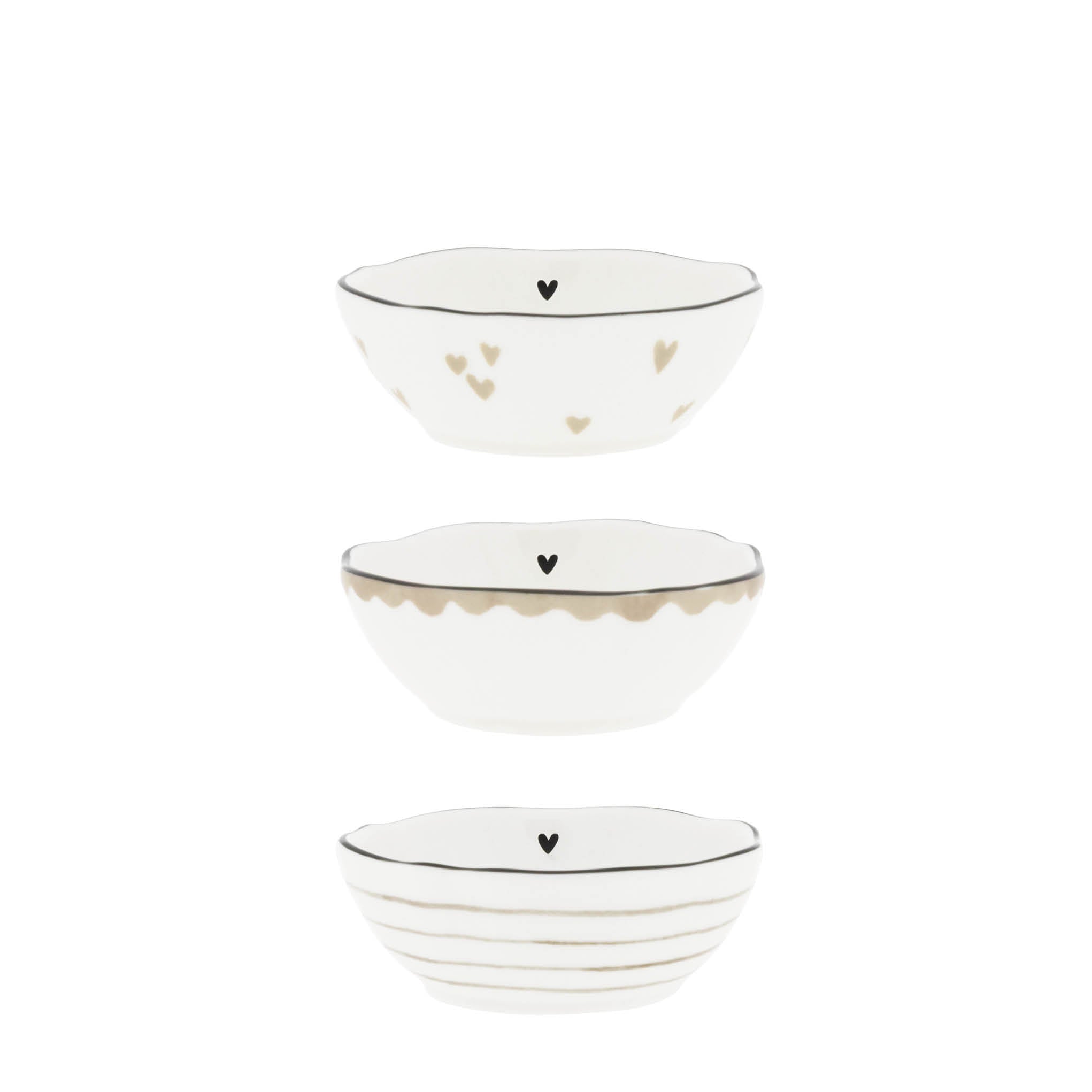 Mini Schalen "hearts & stripes" 3x8cm beige 3er Set - Bastion Collections