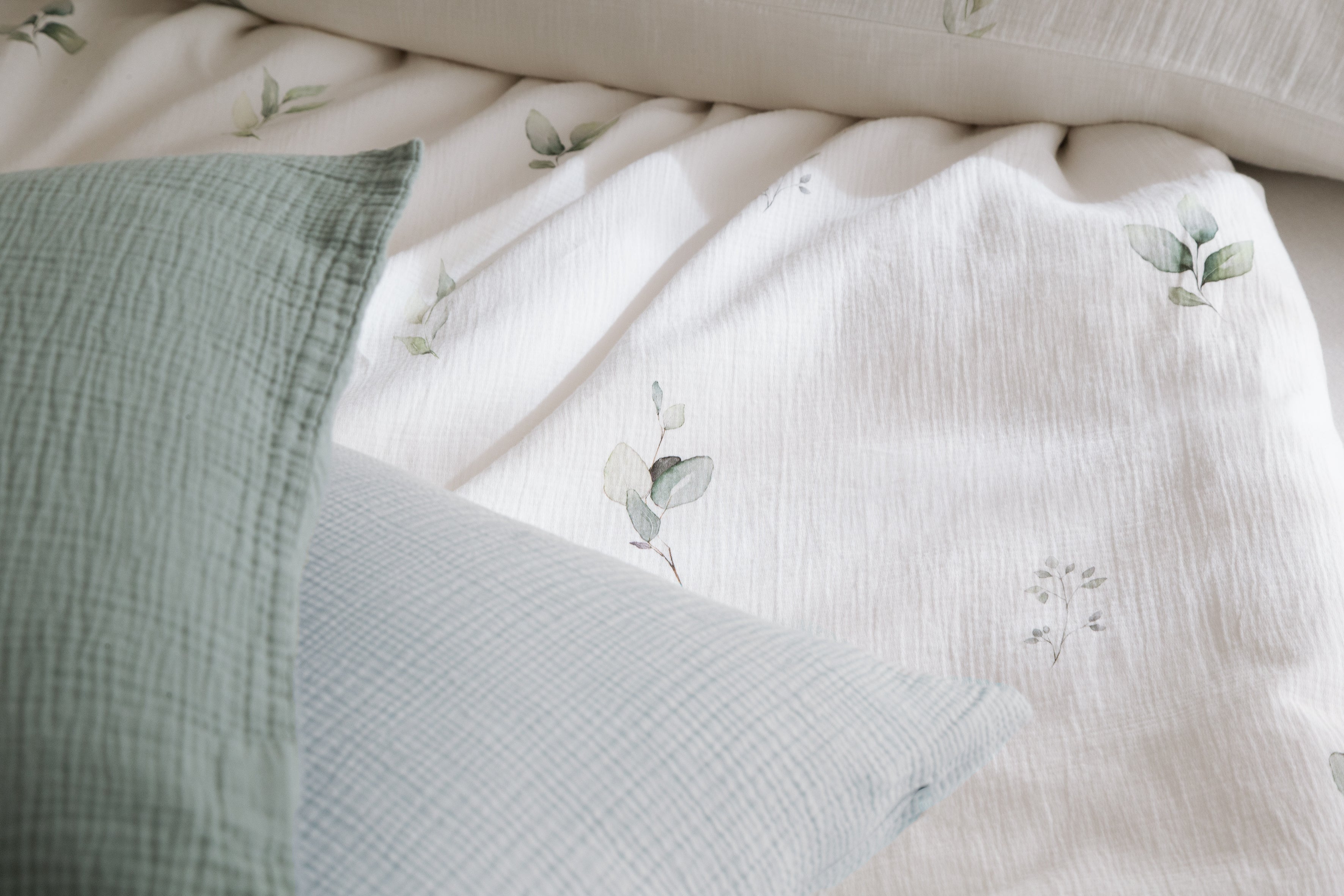 Housse de couette en mousseline Alva blanc/vert 160x210cm - Farbliebe