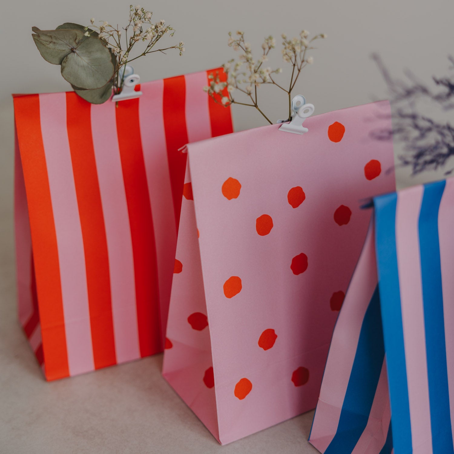 Paper bags stripes & dots pink small set of 6 - Eulenschnitt