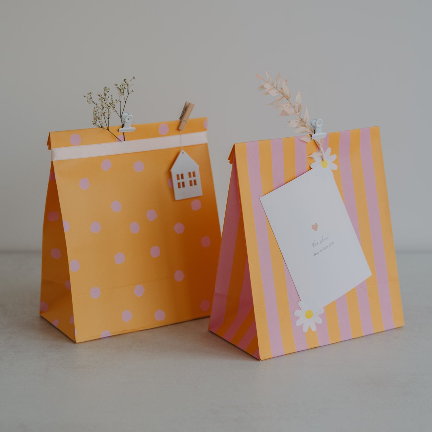 Papiertüten Streifen & Punkte rosa mittel 6er Set - Eulenschnitt