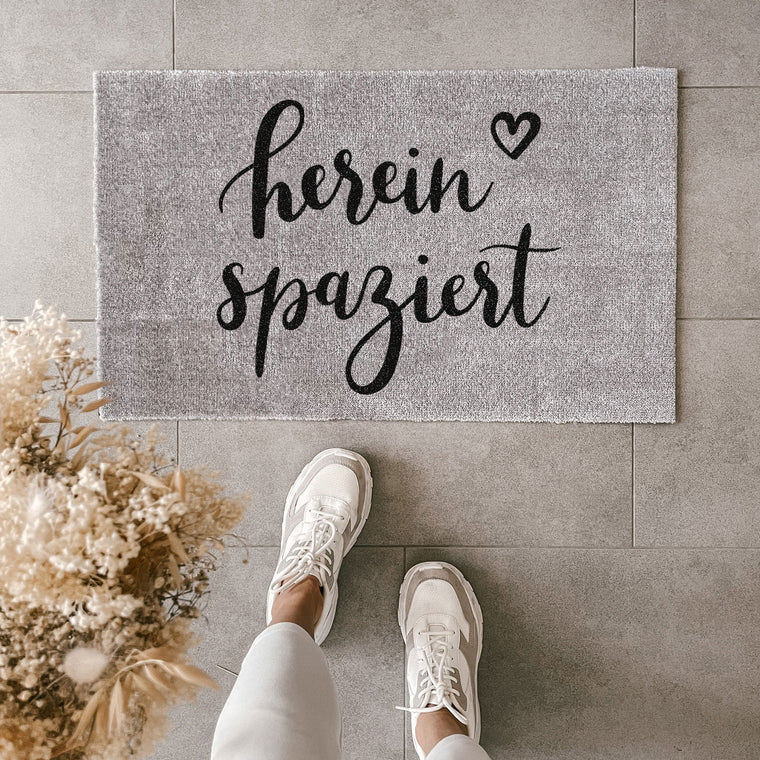 Fussmatte mit Spruch "hereinspaziert" grau 75x45cm – waschbar - Eulenschnitt