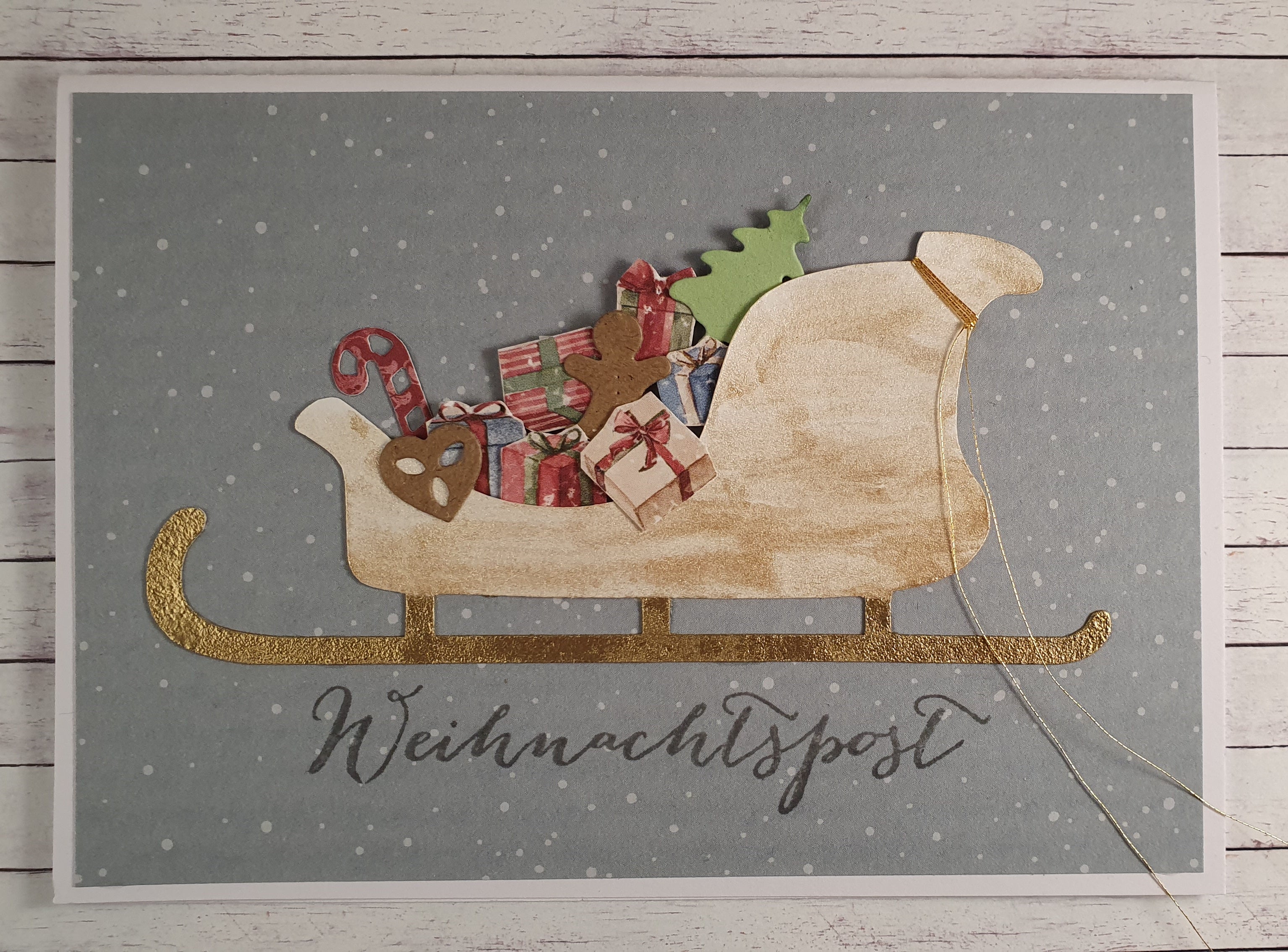 Grusskarte Schlitten "Weihnachtspost" – handgemacht