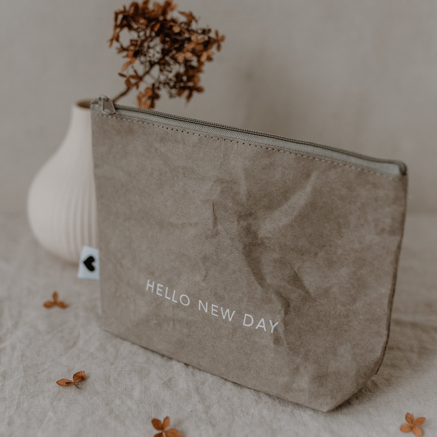 Kosmetiktasche "Hello new day" grau - Eulenschnitt
