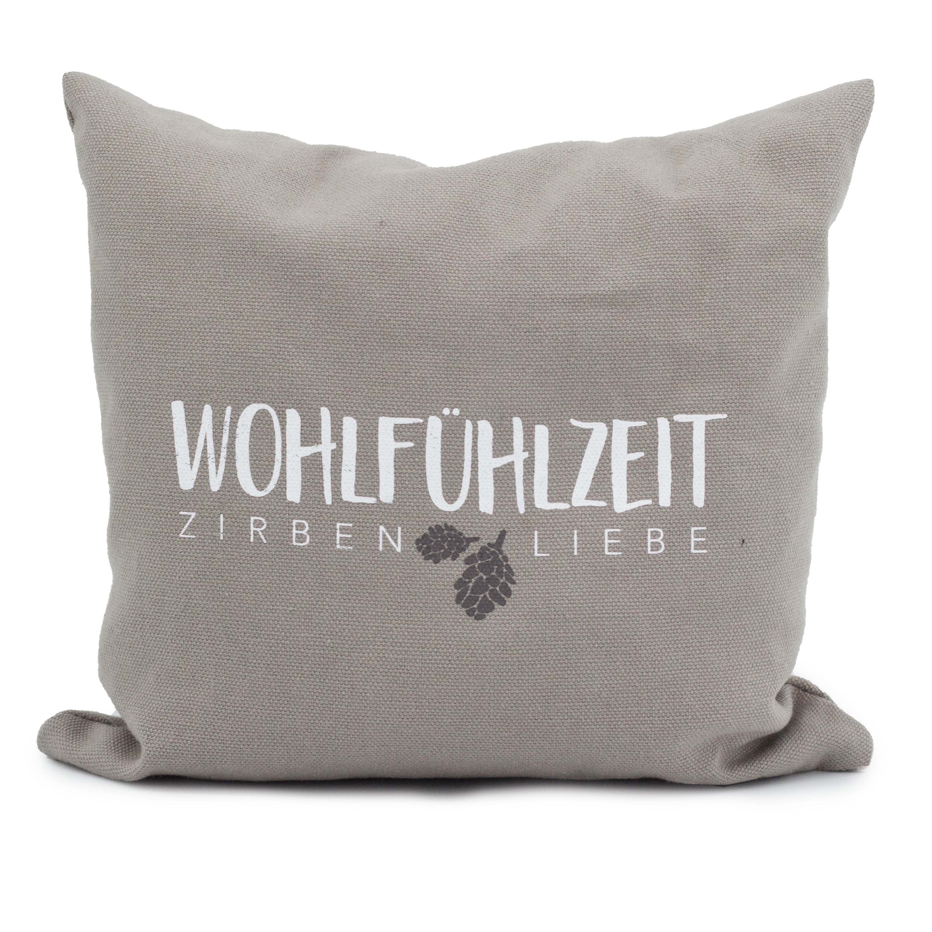 Zirbenkissen "Wohlfühlzeit – Zirbenliebe" 40x40cm taupe - herbalind