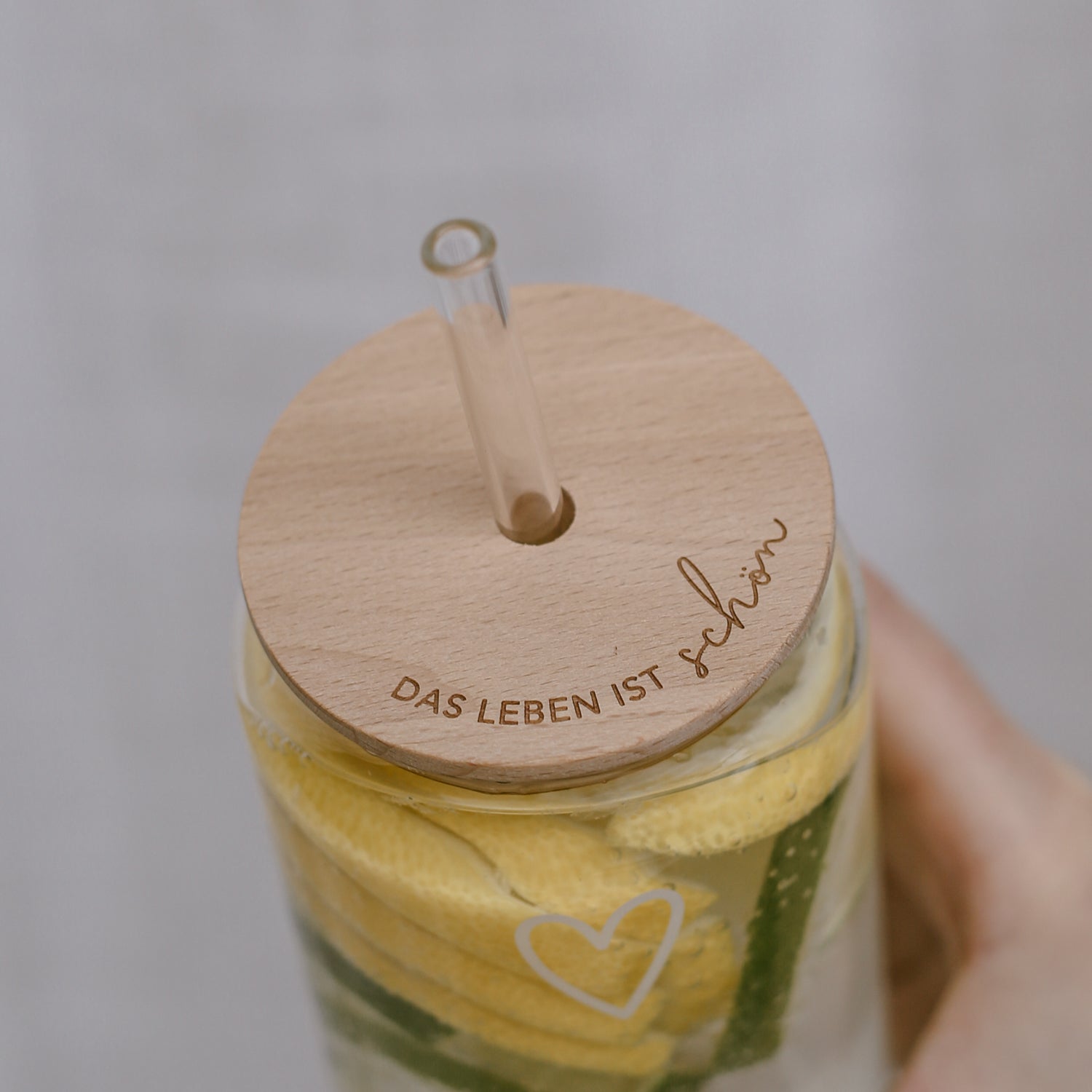 Deckel "Das Leben ist schön" für Hohes Trinkglas - Eulenschnitt