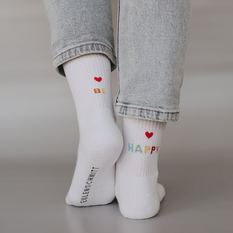 Socken "BE HAPPY" weiss 39-42 - Eulenschnitt
