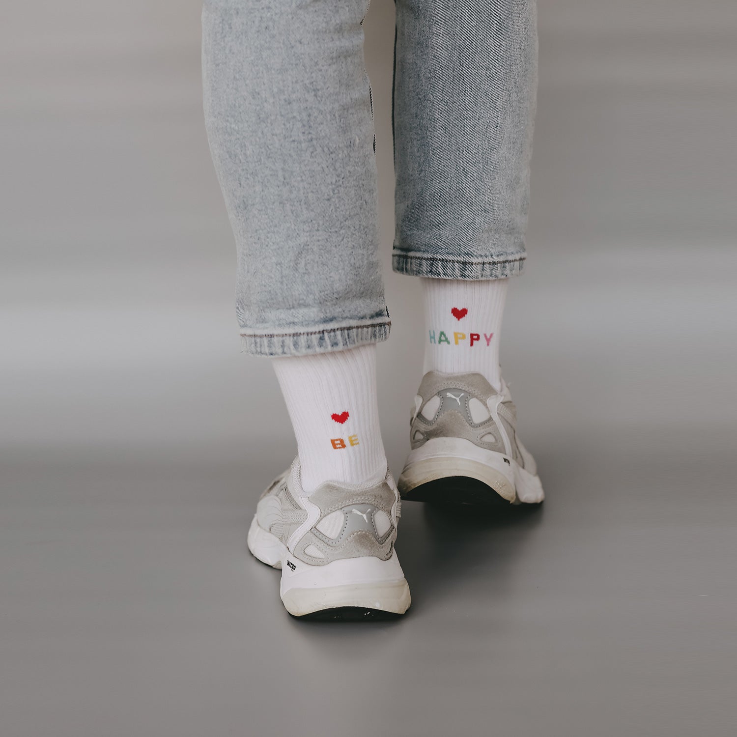 Socken "BE HAPPY" weiss 43–46 - Eulenschnitt