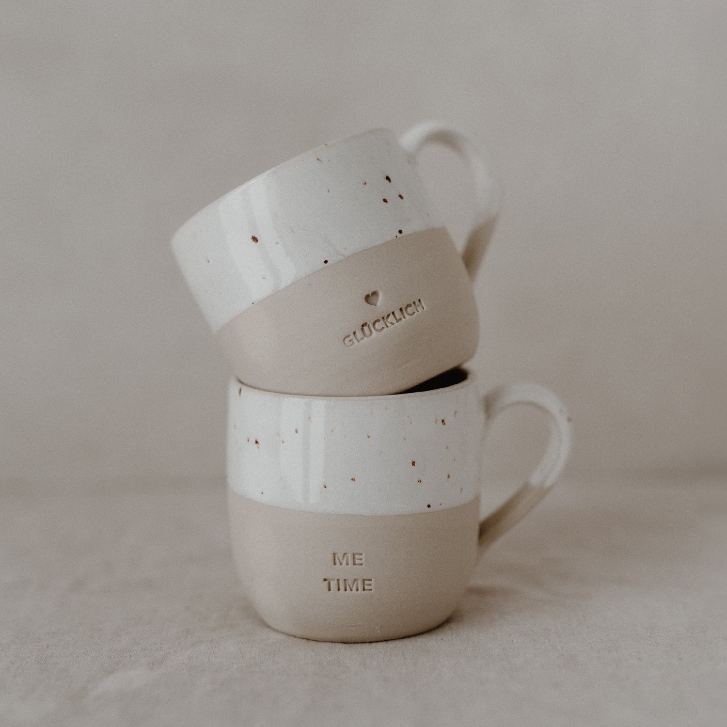 Small Stoneware cappuccino cup "Glücklich" - handmade - Eulenschnitt