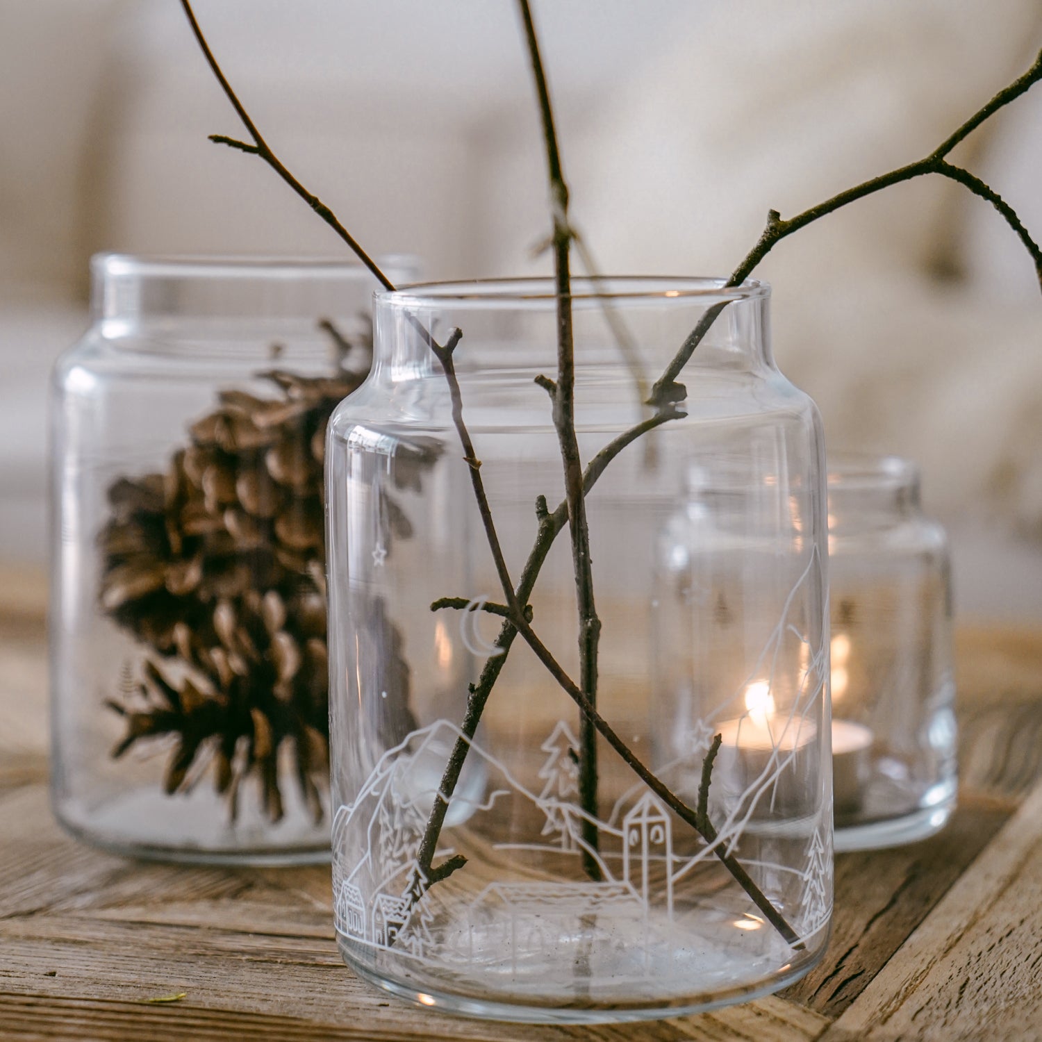 Vase aus Glas Schneelandschaft gross weiss - Eulenschnitt