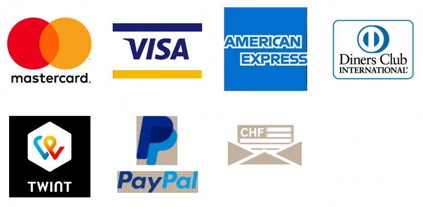 Zahlungsoptionen: Mastercard, Visa, American Express, Twint, Diners Club, Paypal, Rechnung, Vorkasse