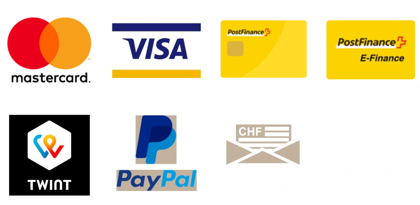 Zahlungsoptionen: Mastercard, Visa, Twint, Paypal, Rechnung, Vorkasse