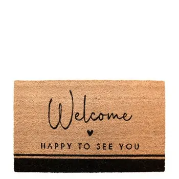 Doormat with text "Welcome – HAPPY TO SEE YOU" 75x45cm – coconut - Bastion Collections