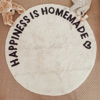 Teppich "HAPPINESS IS HOMEMADE" rund 140cm – waschbar - Eulenschnitt