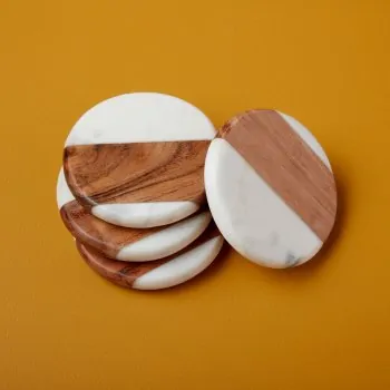Coaster marble and wood round white set of 4 - Be Home