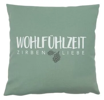 Swiss stone pine pillow "Wohlfühlzeit – Zirbenliebe" 25x25cm lime green - herbalind