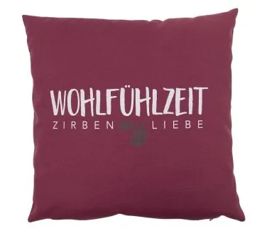 Swiss stone pine pillow "Wohlfühlzeit – Zirbenliebe" 25x25cm mauve - herbalind