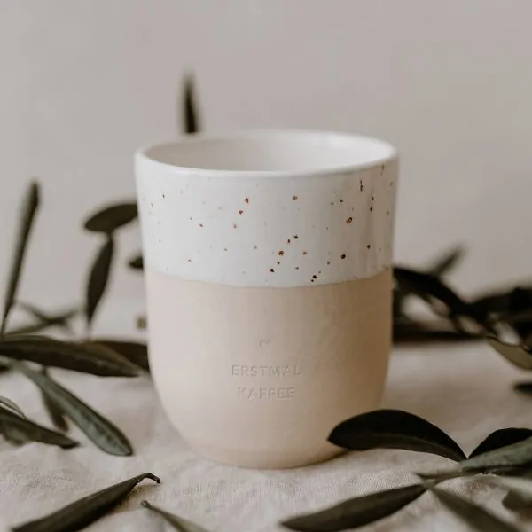 Stoneware mug "ERSTMAL KAFFEE" – handmade - Eulenschnitt - Article Picture 1